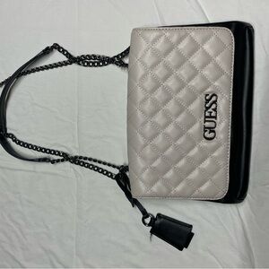GUESS Cream and Black Quilted Shoulder Bag with Chain Strap